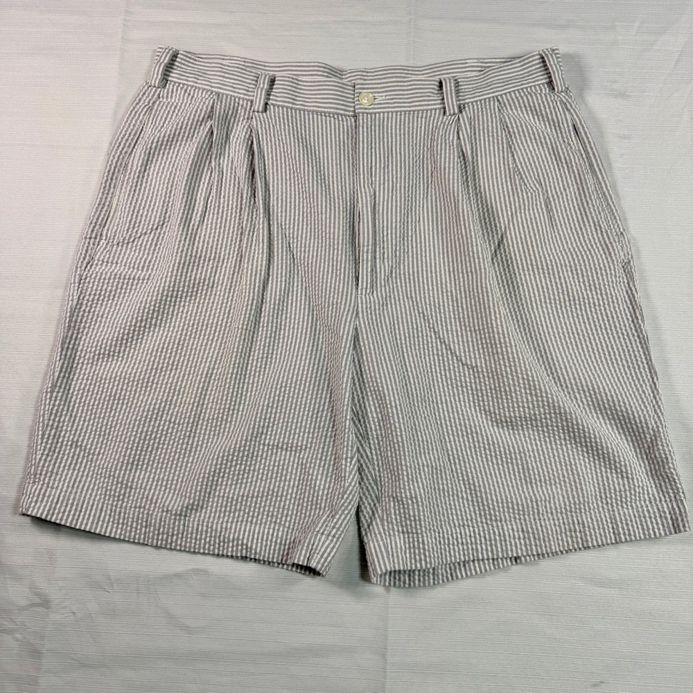 Jos. A. Bank Mens Striped Seersucker Pleated Shorts 36 Blue White Stays Cool